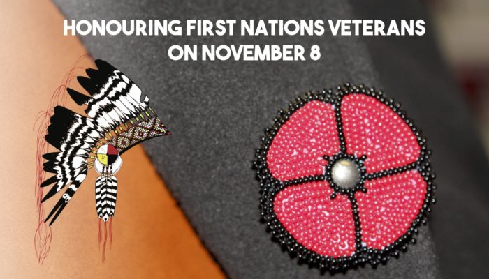 Photo of a beaded poppy along with words Honouring First Nations Veterans on November 8